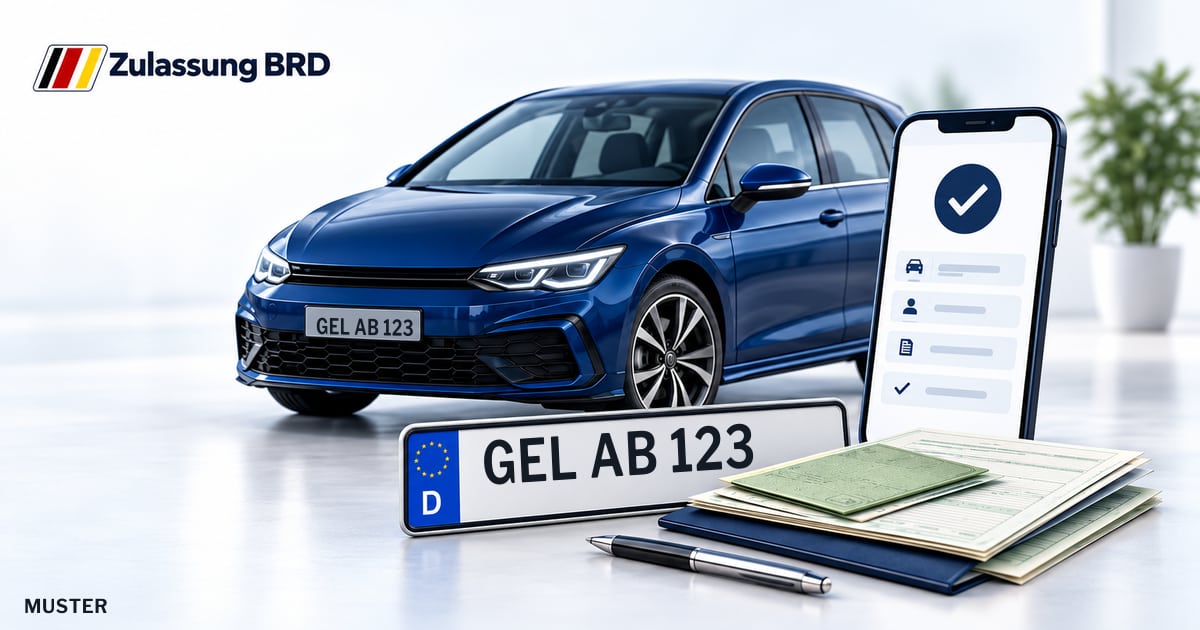 Online Fahrzeugzulassung in Kevelaer: Musterkennzeichen GEL AB 123, Auto und Fahrzeugpapiere und Smartphone. Illustration mit Logo von Zulassung BRD.